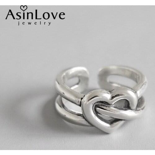 AsinLove Romantic Love Heart Shape Ring Real 925 Sterling Silver Open Rings for Women Gift Creative Handmade Design Fine Jewelry