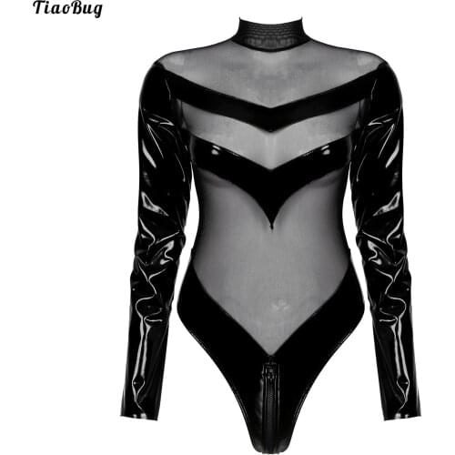 TiaoBug Women See-Through Mesh Patchwork Long Sleeve Bodysuit Zipper Back Mock Neck Catsuit Patent Leather Leotard Clubwear