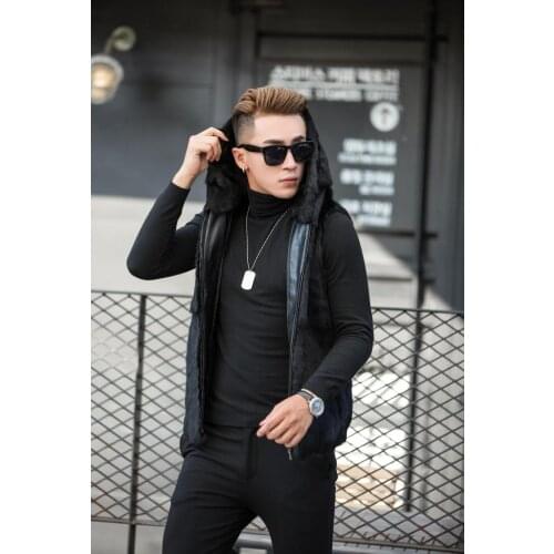 Real genunie natural mens rabbit fur vest with hood fashion Gilet closed with zip warm winter custom any size