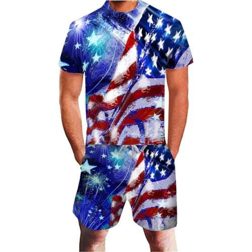 64# Summer Mens Sets Fashion American Flag 3d Printing Tshirt + Shorts Independence Day Sports Jogging Suit Men Clothes Ropa