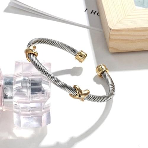 Fashion Jewelry Stainless Steel Twisted Cable Wire Bracelets & Bangle For Women Hot Selling Open Cuff Antique Bangle