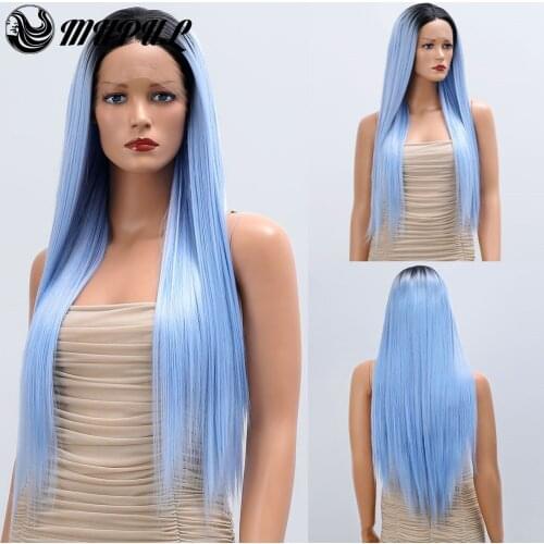 Long Bule Stright Silky Middle Parting Lace Front Hair Synthetic Wigs For Black Women Fiber Natural Heat Resistant Female Wig