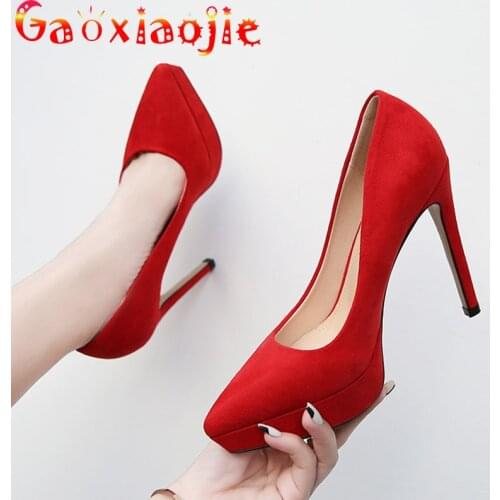 Gaoxiaojie 2021 New Sexy Pumps Women Wedding High-Quality Solid Flock Stiletto 12CM Lady Platform High Heel Shoes Plus Size 43
