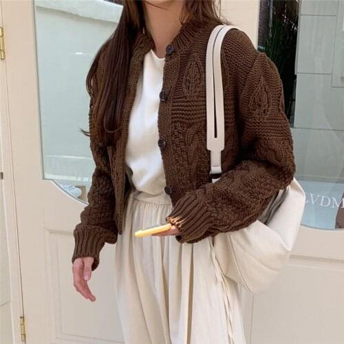 Casual Fashion Womens Thick Cardigan Knitted Button Round Neck Jacket Long Sleeve Basic Short Sweater Student Autumn All-match