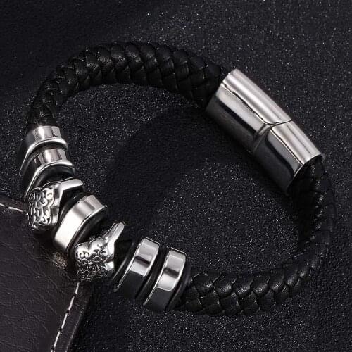 Fashion Stainless Steel Accessories Braided Black Leather Bracelet Men Women Jewelry Magnetic Buckle Woven Unisex Wrist Band