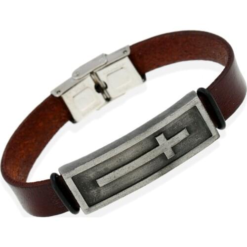 Fashion Vintage Cross Wristbands Genuine Leather Bracelet Alloy Christian Charm Stainless Steel Buckle Bangle Women Men Jewelry