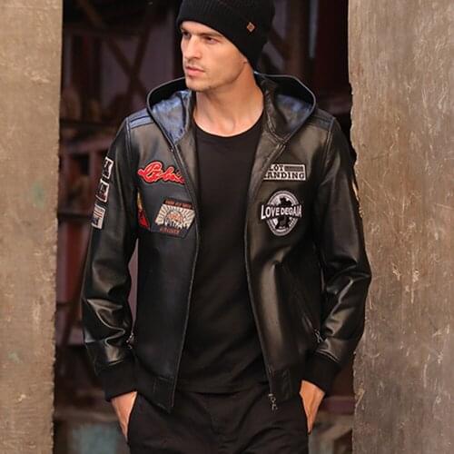 SANI Men Fashion Genuine Leather Men Hooded Autumn Spring Short Black Real Leather Jacket Men Red Sheepskin Leather Clothing