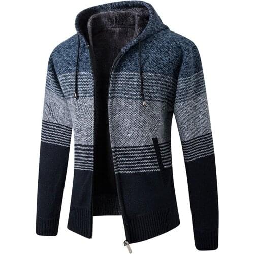 Sweater Coat Men 2021 Winter Thick Warm Hooded Cardigan Jumpers Men Striped Wool Liner Zipper Fleece Coats Men