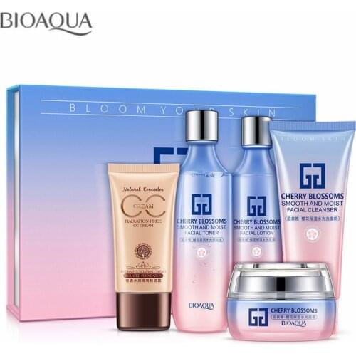 BIOAQUA 5pcs/set Cherry Blossoms Cosmetic Skin Care Products Suit Hydrating Cleansing Lotion Toner BB Cream Face Skin Care Set
