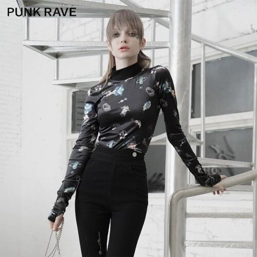 PUNK RAVE Girls Black Long-sleeved Print T-shirt Autumn Winter Sexy Slim Tees Female Tops Design Sense Street Wear