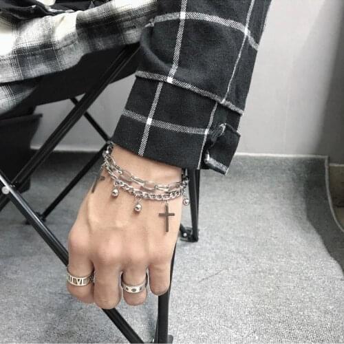Dropshipping Double Strand Rolo Chain with Cross Charms Bracelet for Men Stainless Steel Lobster Claw Clasp Closure OSL251