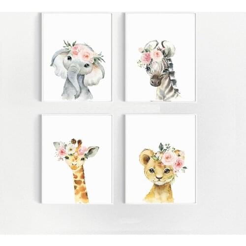 Pink Rose Flowers Safari Animal BAby Girl Nursery Wall Art Canvas Painting Nordic Posters and Prints Giraffe Pictures Kids Room
