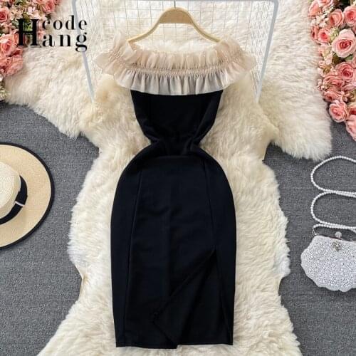 HangCode Sexy Sleeveless Bodycon Dress Women Red Black Off Shoulder Split Female Midi Dress 2021 Summer Party Vestidos