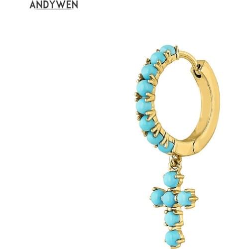 ANDYWEN 925 Sterling Silver Gold Turquoise Zircon CZ Cross Drop Earring Piercing Pendientes 2021 Women Wedding Jewelry Clips