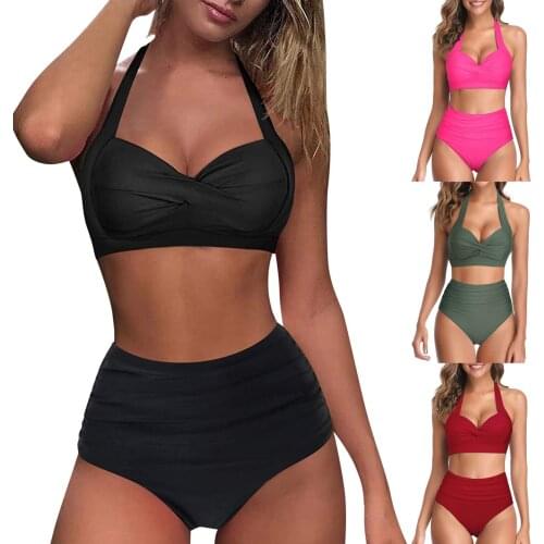 Padded Bra Straps High Waist Swimsuit Vintage Swimsuit Two Piece Retro Halter Ruched High Waist Print Bikini Set