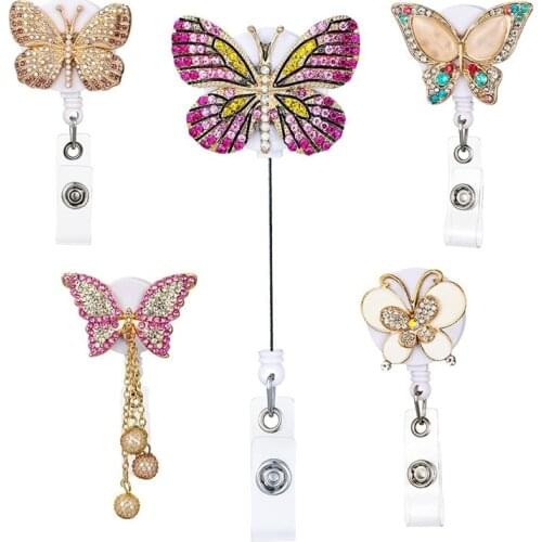 5 Pack Retractable Badge Reel Butterfly Rhinestone Badge Holder Nurse ID Name Tag Badge Holder with Clips