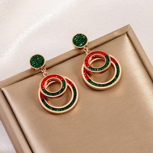 TIMEONLY Hyperbole Double Layering Circle Dangle Earrings Red Green Crystal Charms Earring for Women Ladies Fashion Jewelry