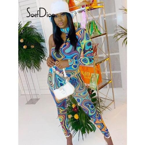 Soefdioo Tie Dye Print One-Shoulder Long Sleeve Slim Jumpsuits Women Sexy Irregular One Piece Overalls Fall 2021 Party Clubwear
