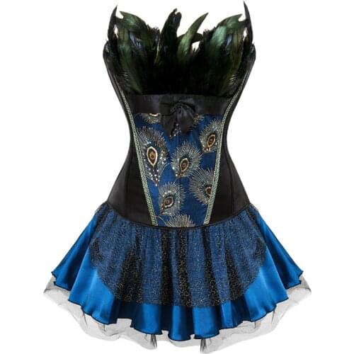 Women Burlesque Halloween Costume Sexy Feathers Gothic Vintage Corset Dress Overbust Corset Bustier Skirt Steampunk Corselet