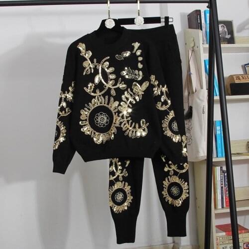 Autumn Great Quality Sequins Beading Knit Suits Female Heavy Industry Beading Flowers Long Sleeve Sweater Pant Two Pieces Sets
