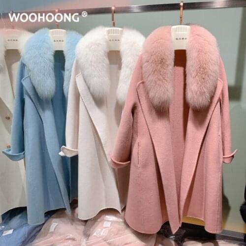 X-long Real Fur Coat Winter Jacket Women Natural Fox Fur Collar Cashmere Wool Blends Long Outerwear Belt Ladies Streetwear