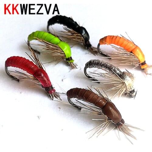 KKWEZVA 18PCS Color Silicone Material Sinking Nymph Scud Fly Bug Worm Trout Fishing Flies Artificial Insect Fishing Bait Lure
