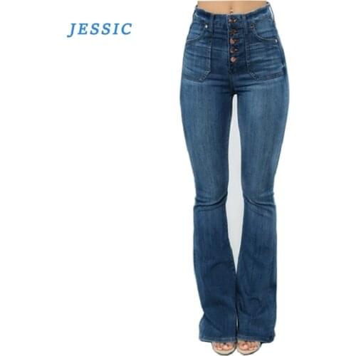 JESSIC Bell Bottom Jeans High Waist Denim Flared Pants Street Style Blue Tight Sexy Retro Ladies Flared Pants