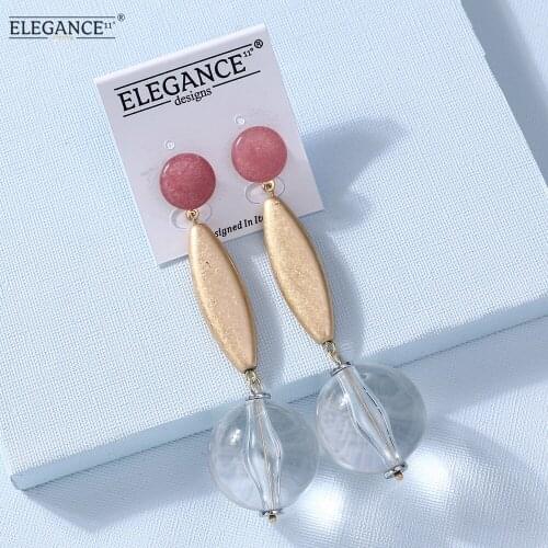 Elegance Simple Ball Pendant Long Earrings Natural Stone Copper Metal Drop Earrings For Women Lady Fashion Jewelry Earrings