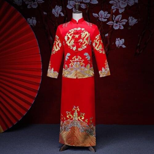 Chinese style Wedding mens toast costumes Gown red embroidery groom evening Long gown kimono bridegroom jacket tang suit Clothes