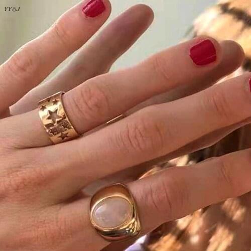 Cut out star wide band rings for women stainless steel gold open cuff rings stackable free tarnish minimalist trendy jewelry2021