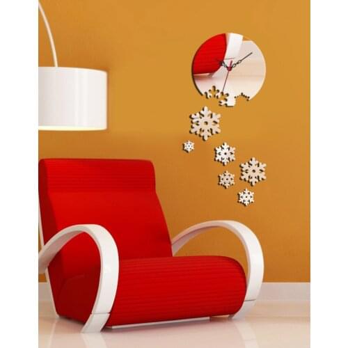 Cut Out Round And Snowflakes Mirror Clock Sticker, 3D Acrylic Removable Wall MirrorStickers,Acrylic Clock Sticker