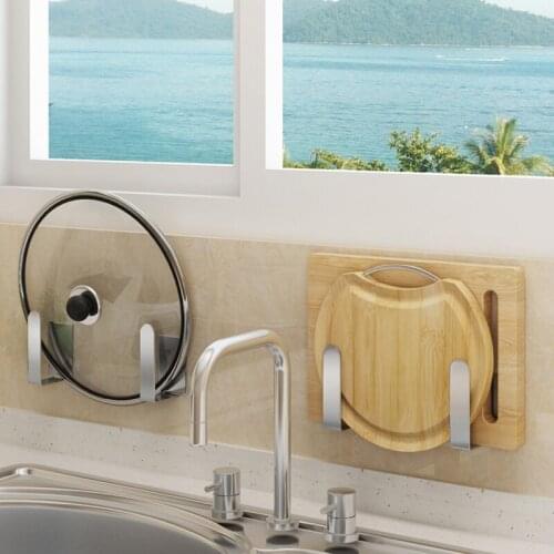 Kitchen Accessories Stainless Steel Self-adhesive Pot Lid Shelf Wall Mounted Pan Cover Rack Kitchen Organizer Storage Hanging S