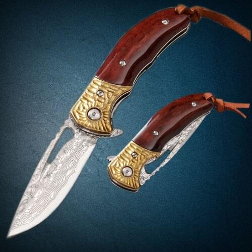 Kwinkin 3"Damascus steel solid wood handle tactical folding knife outdoor camping survival pocket portable EDC defense tool