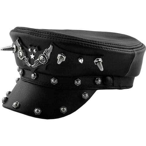 Spike Skull Mens Genuine Leather Hat Biker Punk Rock Cap Hat