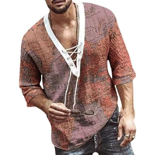 Autumn Men Casual T-shirt V Neck Print Pullover Tops Front Lace Up Half Sleeve Tee Shirt Vacation