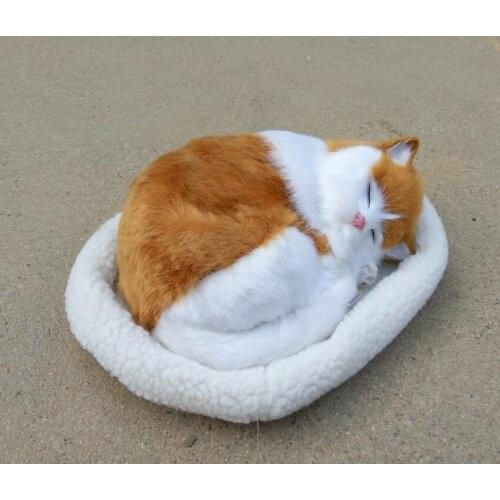 New simulation sleeping cat toy resin&fur breathing yellow&white cat on a mat model gift 26x17cm 1064