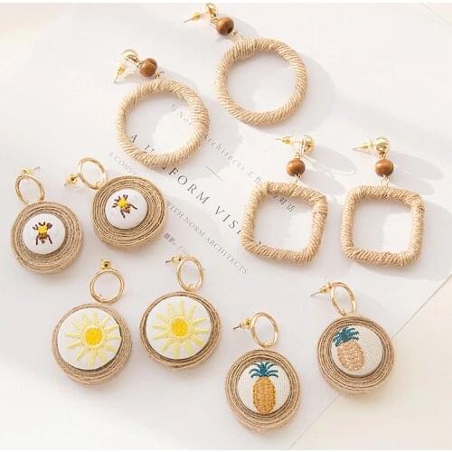 New Fashion Bohemian Linen Weave Geometric Drop Earrings For Women Boho Handmade Embroidery Square Round Dangle Earring Jewelry