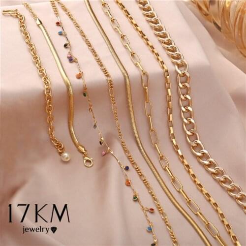 17KM Cute Rainbow Beads Collar Necklace For Women Gift Flower Pearl Necklace Gold Lock Chain Link Choker Necklaces Jewelry