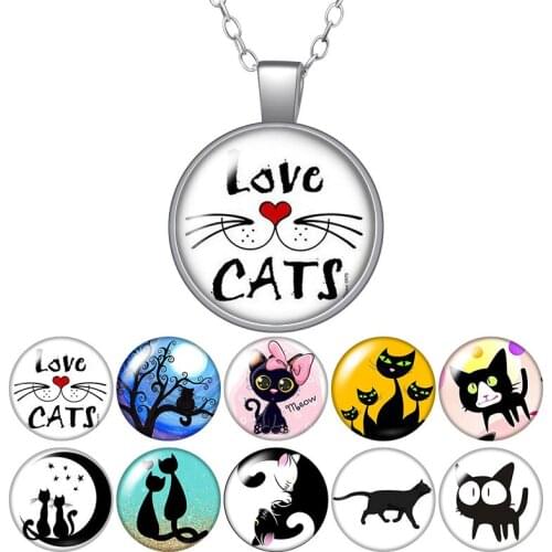 Fashion Beauty Cartoon Cats Love cat Photo Pendant Necklace 25mm Glass Cabochon Women Girl Jewelry Party Birthday Gift 50cm