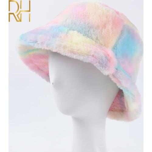 Faux Fur Winter Bucket Hat For Women Girl Fashion Rainbow Soft Warm Fishing Cap Outdoor Vacation Hat Cap Lady Panama RH