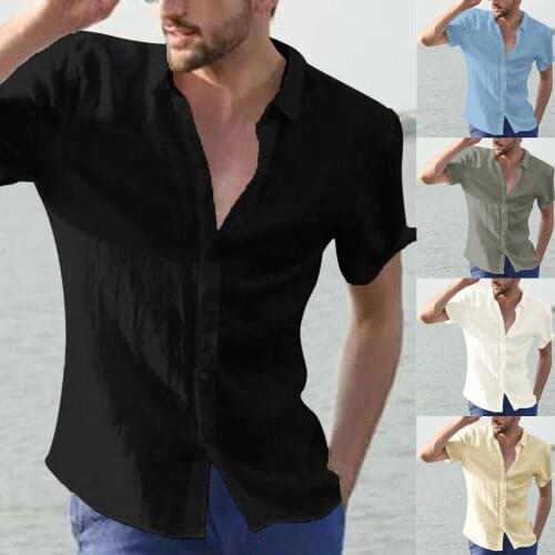 Mens Linen Blouse Short Sleeve Baggy Buttons Summer Solid Comfortable Pure Cotton And Linen Casual Loose Holiday Shirts Tee Tops