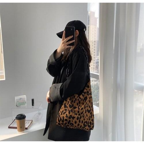 Casual Corduroy Shoulder Bag 2020 Retro Leopard Pattern Handbag Thick Chain Bags Female Daily Warm Soft Crossbody