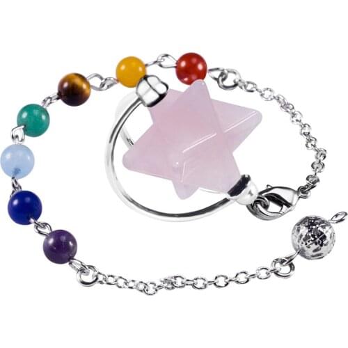 SUNYIK Pink Quartz Merkaba Star Pendulum with 7 Chakra Beads Chain,Divination Metaphysical Balancing Healing Reiki Stone