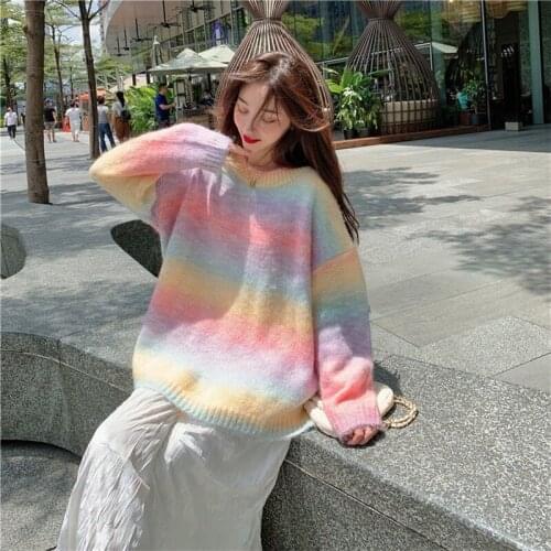Korean Autumn New Sweaters Vintage Gradient Rainbow Bars Casual Women Pullovers Loose Lazy Knitting Full Sleeve Solid Sweater