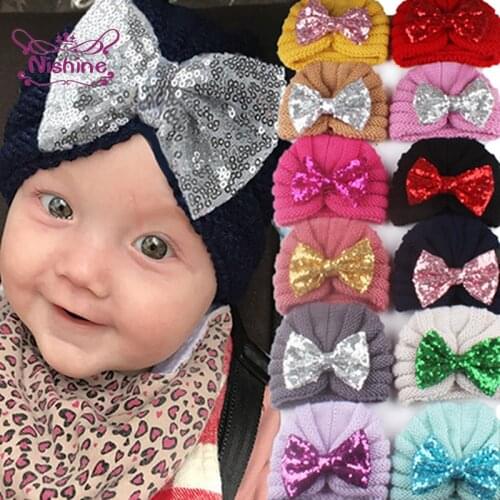 Glitter Sequins Bowknot Knitted Striped Wool Infant Hat Solid Color Handmade Crochet Elastic Children Caps Fashion Warm Headwear