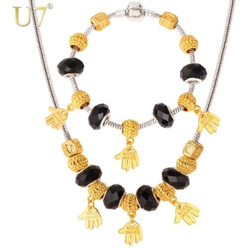 U7 DIY Bead Crystal Necklace Set Gold Color Hand Shape Strand Necklace Bracelet Jewelry Set Gift for Lover Women S601