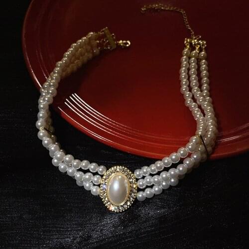 Korean Style Vintage Multi Layered Pearl Choker Necklace For Women Elegant Royal Palace Style Rhinestone Necklace Party Jewelry
