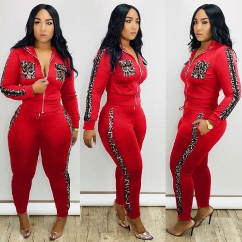 Leopard spliced women skinny clothes full sleeve jackets and pencil pants 2 piece set casual tracksuit outfit