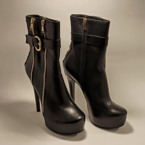 Women Stylish High Quality %100 Genuine Leather Light Weight Comfortable Pointed Toe Zipper Mid Boots High Heels Platform Base