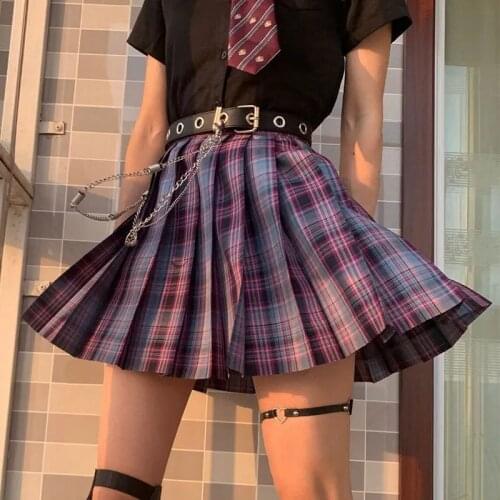 Women Purple Black Gothic Pleated Plaid Skirt Summer High Waist Korean Harajuku y2k Kawaii Sexy Mini A-line Skirts JK Cosplay